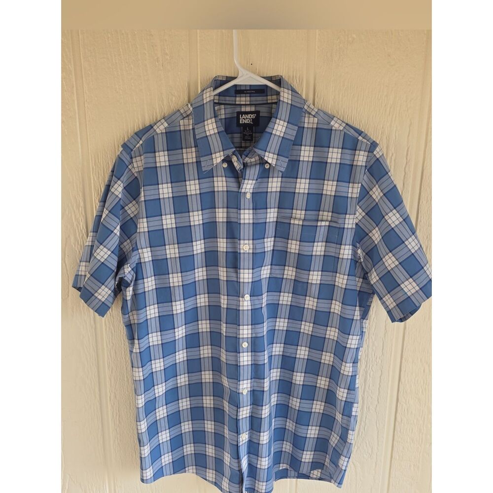 Lands' End Men's Blue Plaid Short-Sleeve Button-Down Shirt, Size Large